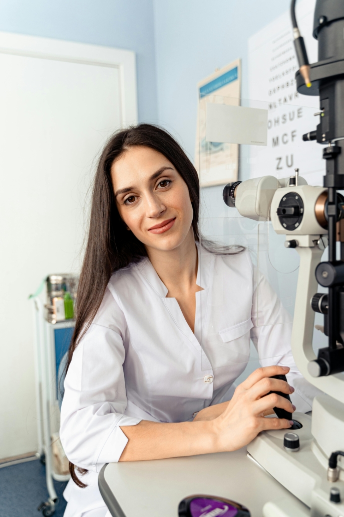 Female optometrist using equipment, illustrating IT support for optometrists